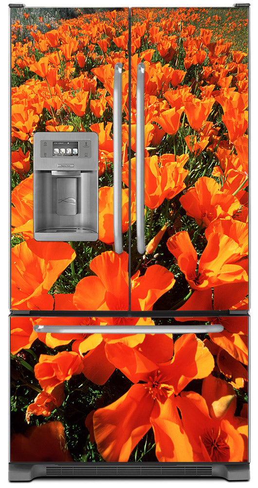 Orange Poppies Magnet Skin on Model Type French Door Refrigerator with Ice Maker Water Dispenser