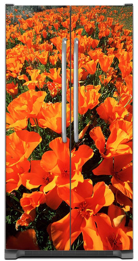 Orange Poppies Magnet Skin on Model Type Side by Side Refrigerator