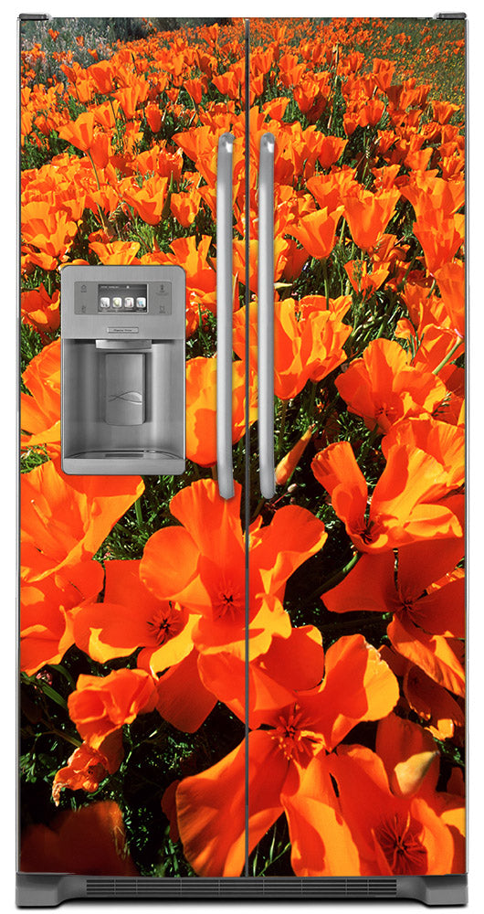 Orange Poppies Magnet Skin on Model Type Side by Side Refrigerator with Ice Maker Water Dispenser