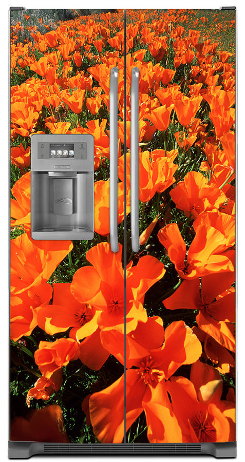  Orange Poppies Magnet Skin on Model Type Side by Side Refrigerator with Ice Maker Water Dispenser 