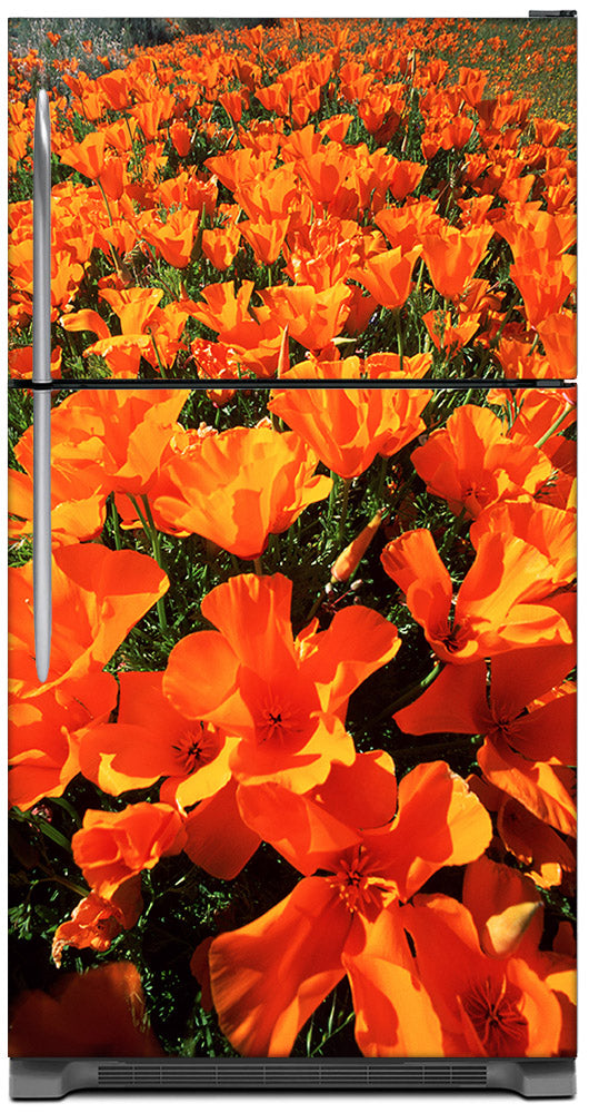 Orange Poppies Magnet Skin on Model Type Top Freezer Refrigerator