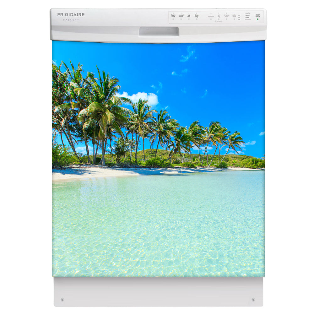Paradise Island Magnetic Dishwasher Cover Skin Panel on Dishwasher with White Control Panel