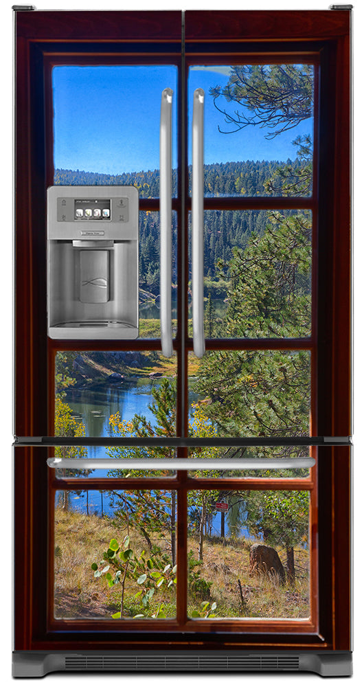 Picturesque Window View Magnetic Refrigerator Cover Panel Skin Wrap on Refrigerator  Model Type French Door Fridge with Ice Maker