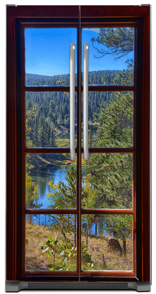 Picturesque Window View Magnetic Refrigerator Cover Panel Skin Wrap on Refrigerator  Model Type Side by Side Fridge