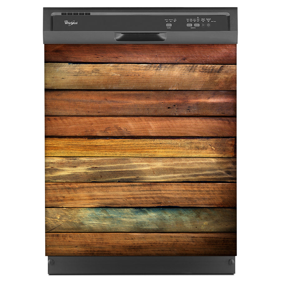  Seasoned Wood Panel Magnet Skin on Black Dishwasher 