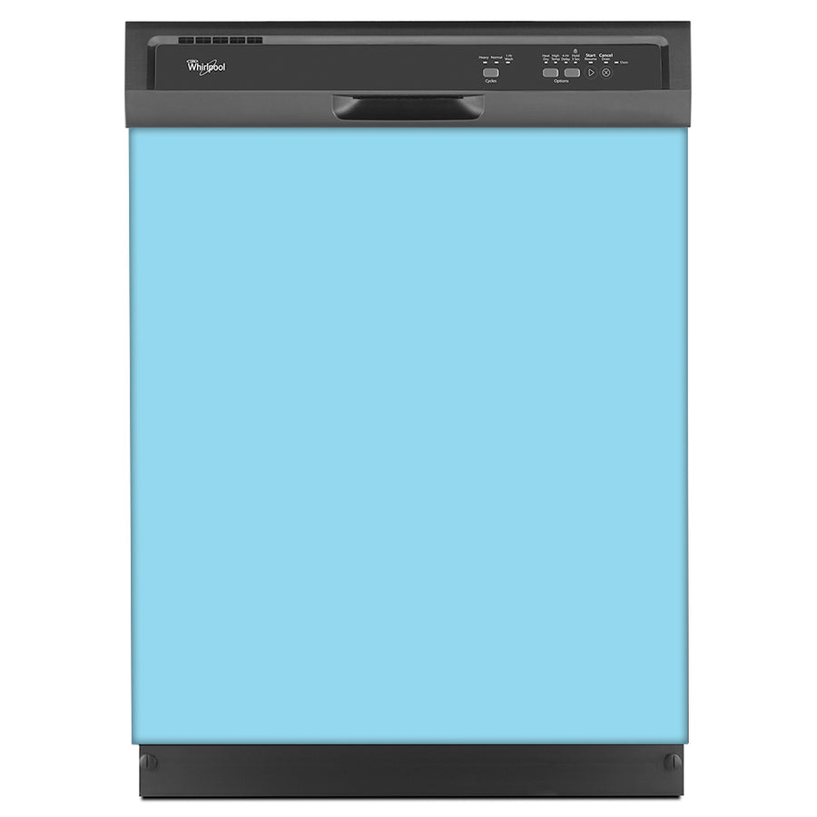  Sky Blue Magnet Dishwasher Cover Skin on Dishwasher with Black Control Panel and kick plate 