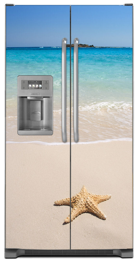 Starfish On Beach Magnet Skin on Model Type Side by Side Refrigerator with Ice Maker Water Dispenser