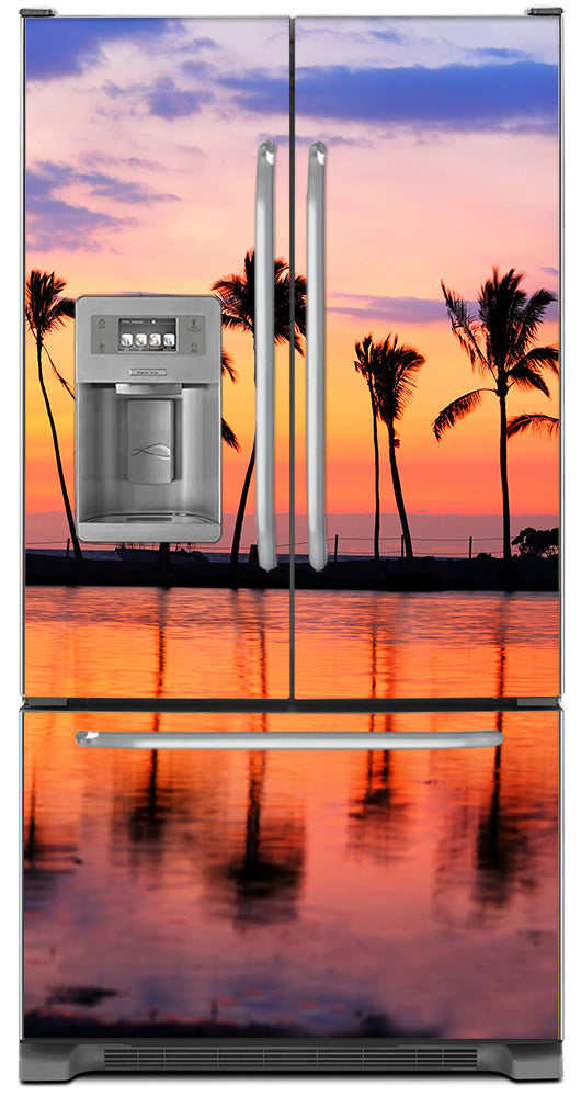 Sunset Palm Trees Magnet Skin on Model Type French Door Refrigerator with Ice Maker Water Dispenser