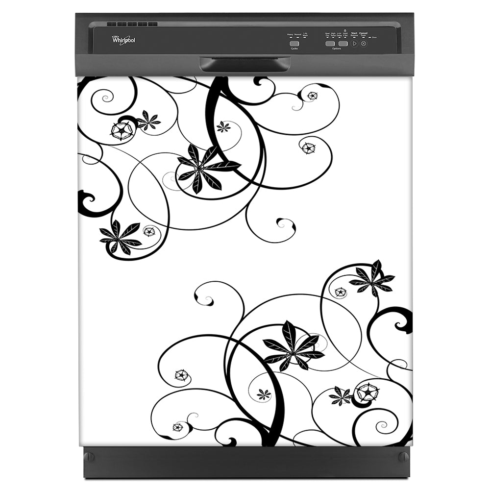 Swirling Flowers Magnetic Dishwasher Cover Skin Panel on Dishwasher with Black Control Panel