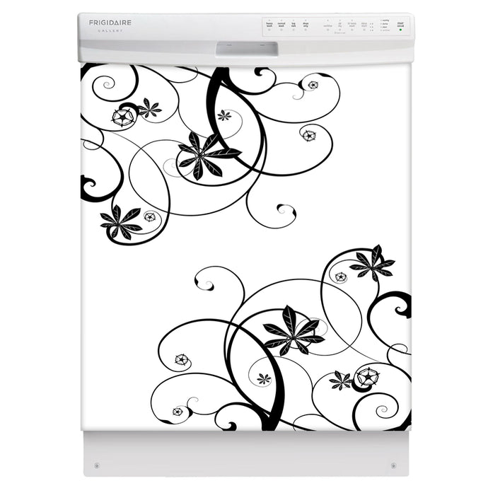 Swirling Flowers Magnetic Dishwasher Cover Skin Panel on Dishwasher with White Control Panel