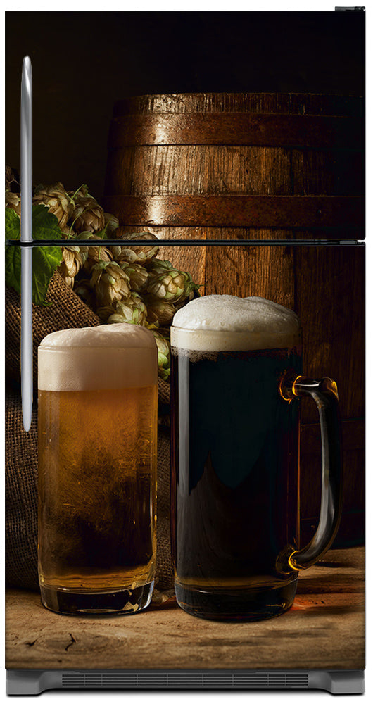 Topped Off Beer Mugs Magnetic Refrigerator Cover Panel Skin Wrap on Fridge Model Type Top Freezer Fridge