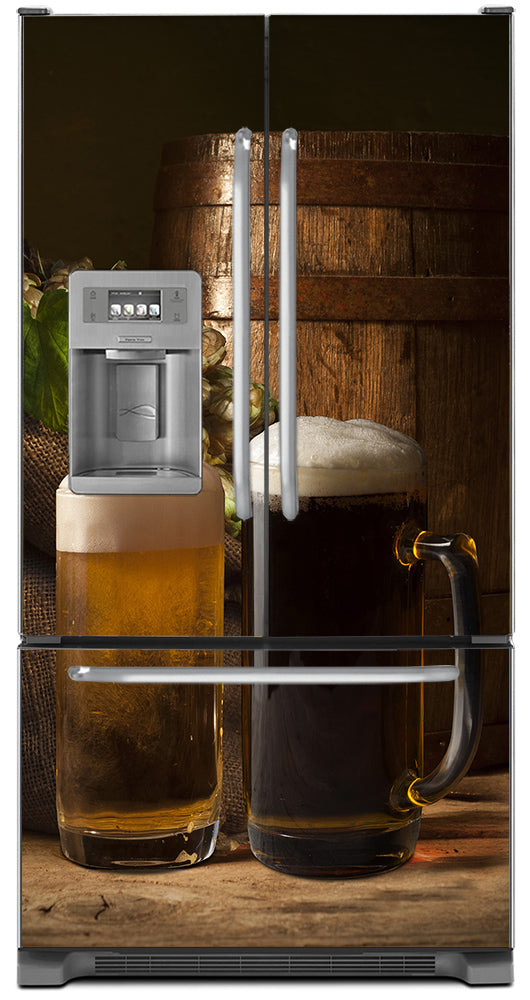 Topped Off Beer Mugs Magnetic Refrigerator Cover Panel Skin Wrap on Refrigerator  Model Type French Door Fridge with Ice Maker
