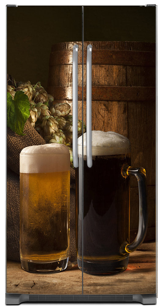 Topped Off Beer Mugs Magnetic Refrigerator Cover Panel Skin Wrap on Refrigerator  Model Type Side by Side Fridge