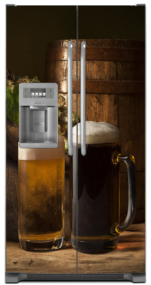 Topped Off Beer Mugs Magnetic Refrigerator Cover Panel Skin Wrap on Refrigerator  Model Type Side by Side Fridge with Ice Maker