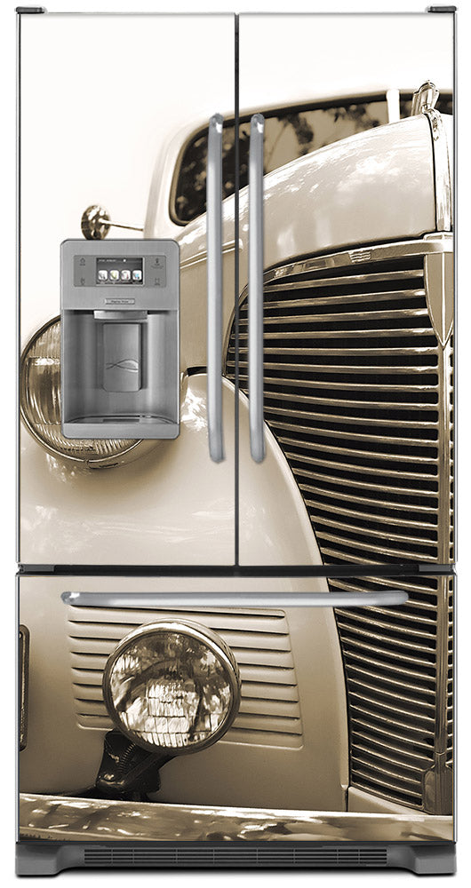 Vintage Car Magnet Skin on Model Type French Door Refrigerator with Ice Maker Water Dispenser