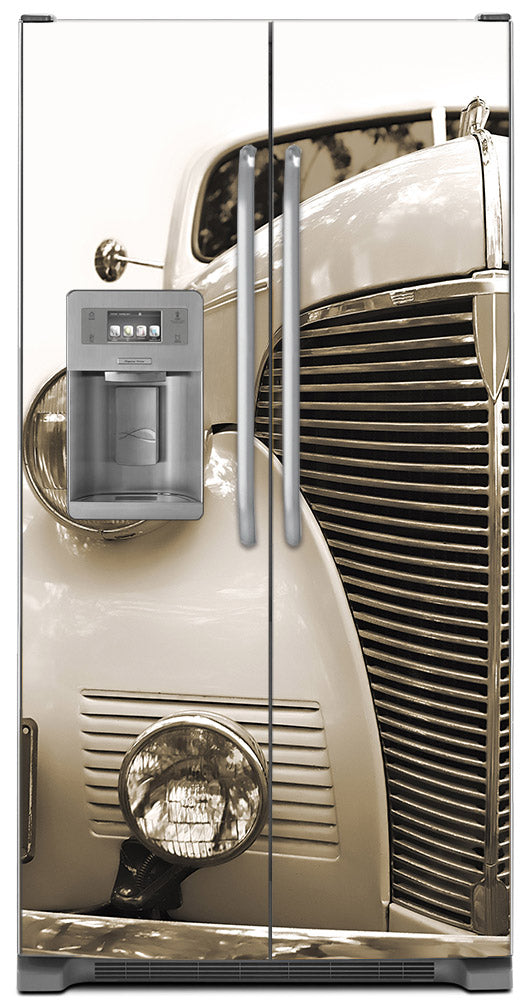 Vintage Car Magnet Skin on Model Type Side by Side Refrigerator with Ice Maker Water Dispenser