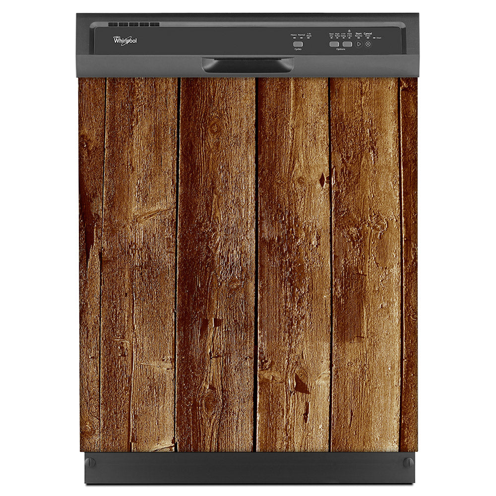 Weathered Wood Planks Magnetic Dishwasher Cover Skin Panel on Dishwasher with Black Control Panel