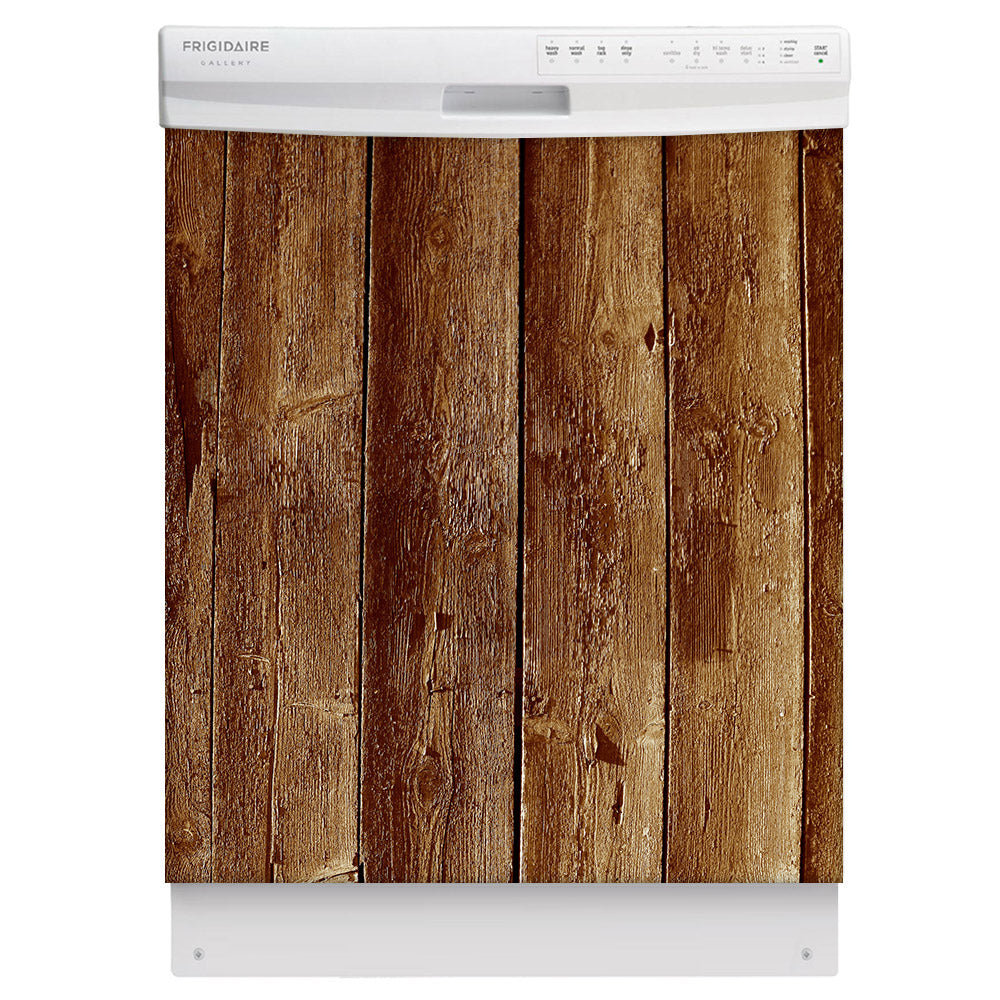 Weathered Wood Planks Magnetic Dishwasher Cover Skin Panel on Dishwasher with White Control Panel