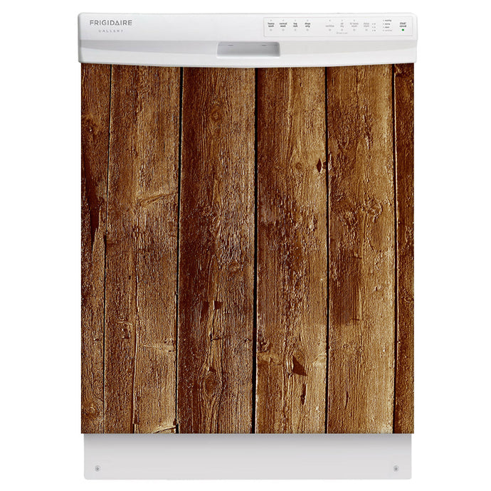 Weathered Wood Planks Magnetic Dishwasher Cover Skin Panel on Dishwasher with White Control Panel