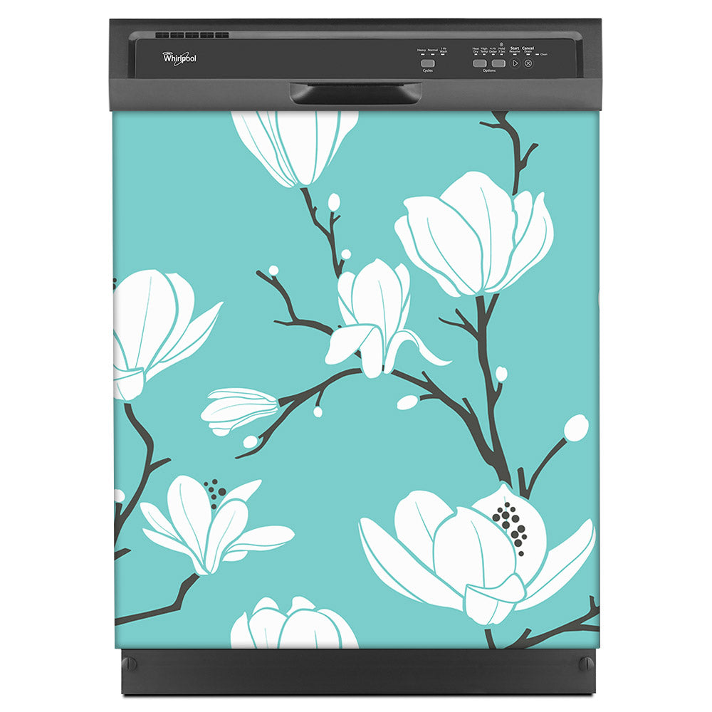 White Magnolias Magnet Skin on Black Dishwasher