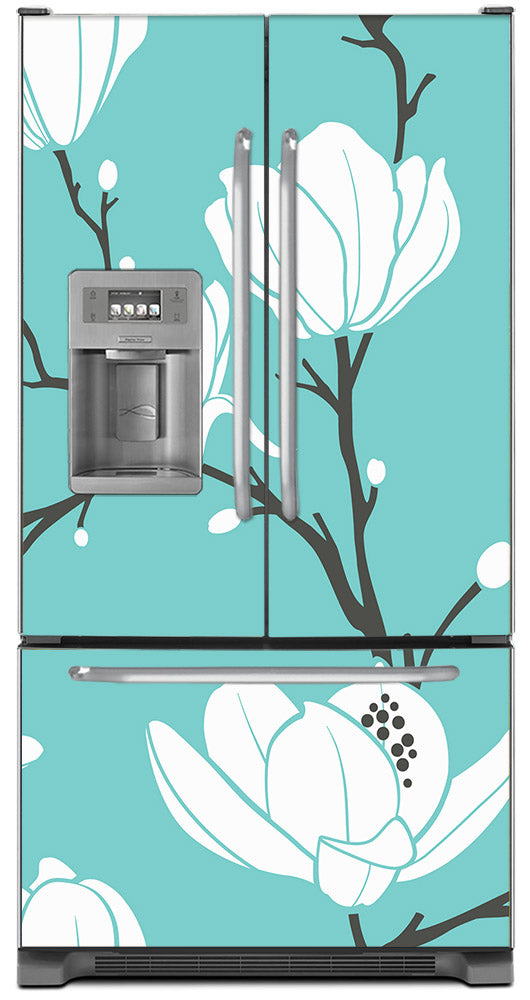 White Magnolias Magnet Skin on Model Type French Door Refrigerator with Ice Maker Water Dispenser