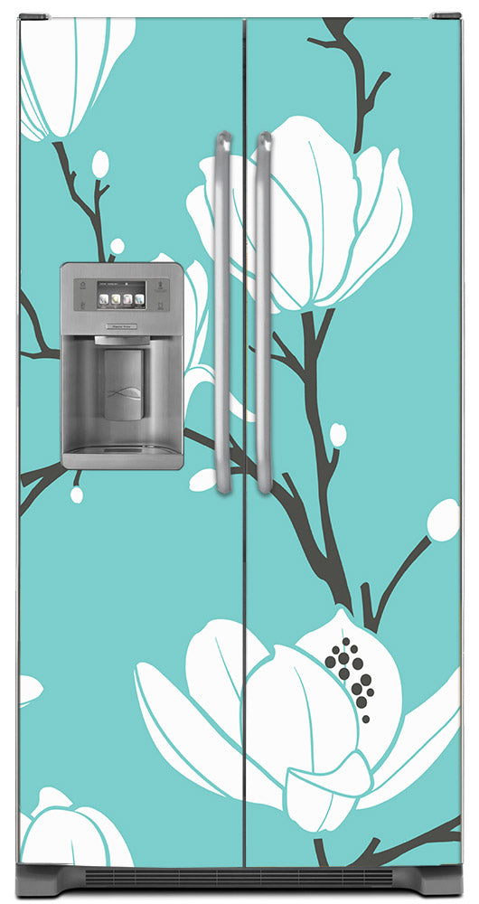 White Magnolias Magnet Skin on Model Type Side by Side Refrigerator with Ice Maker Water Dispenser
