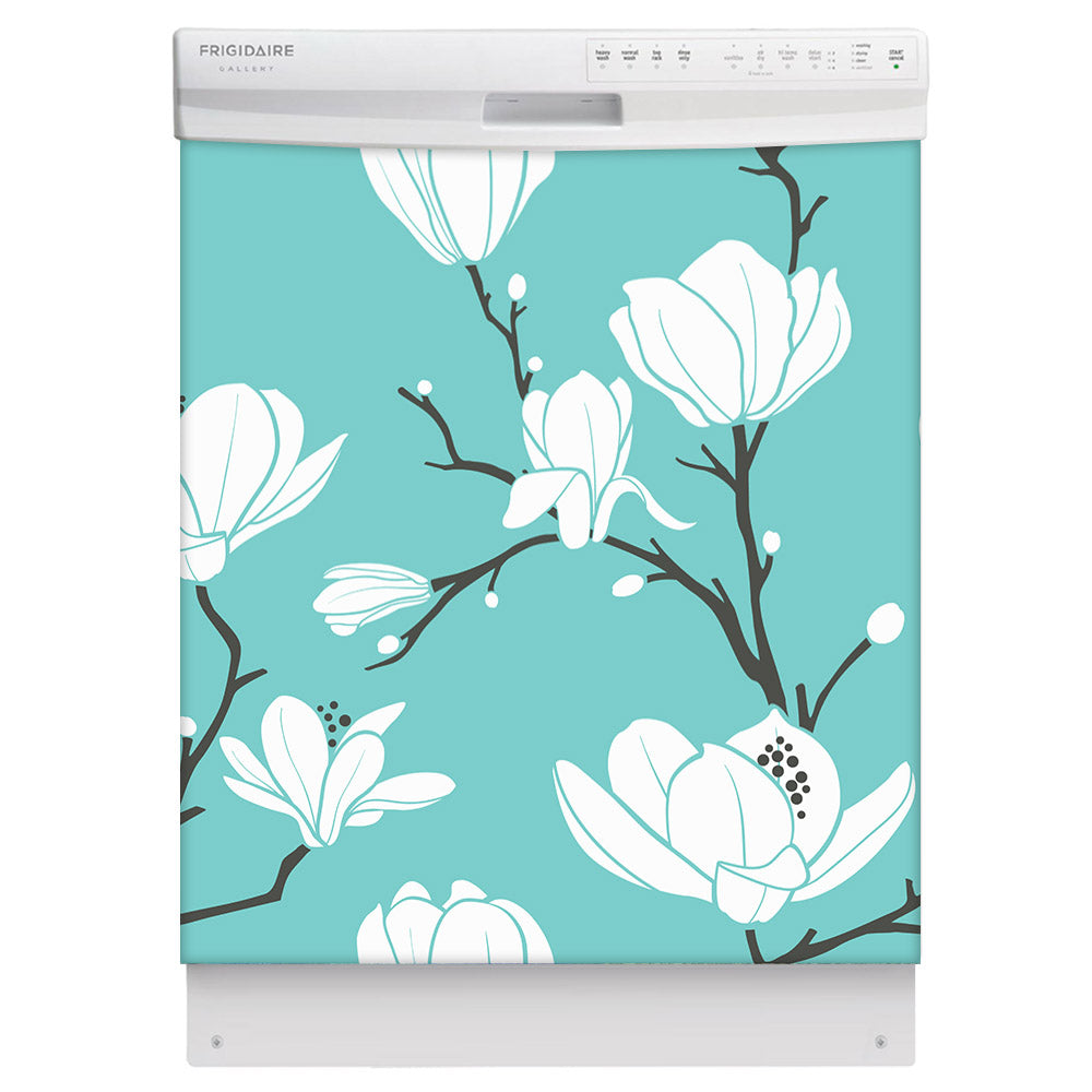 White Magnolias Magnet Skin on White Dishwasher